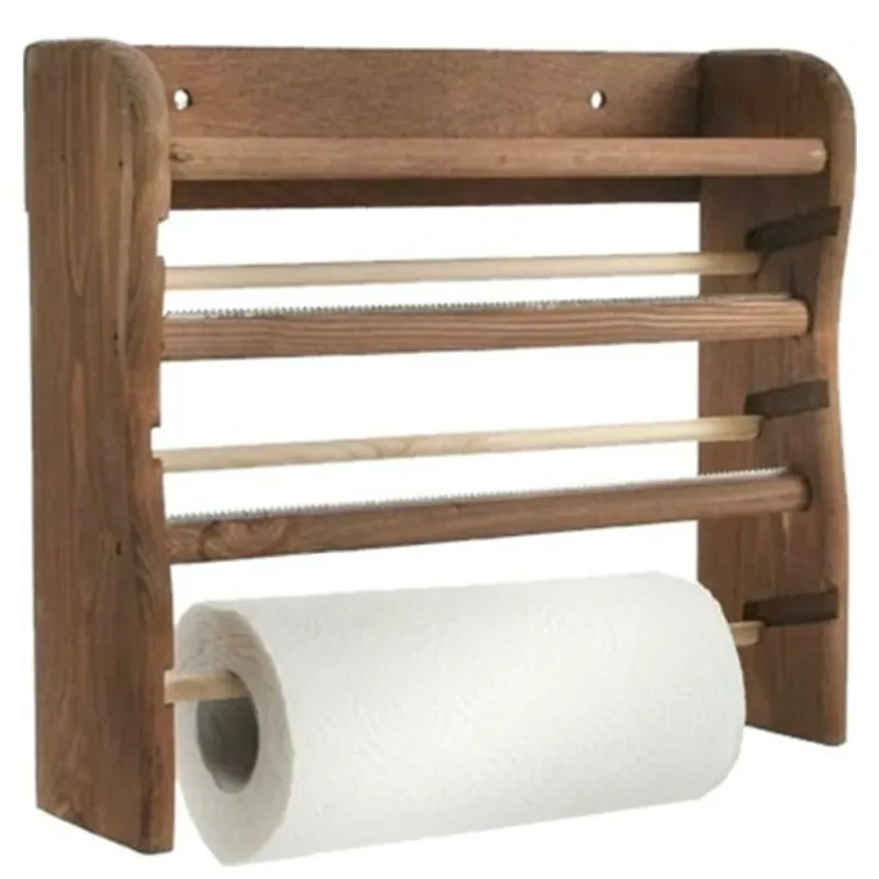 Porta Rotoli Da Cucina A Parete In Legno Scuro 3 Posti 33x9x29cm Rotolo Incluso Consegna Rapida