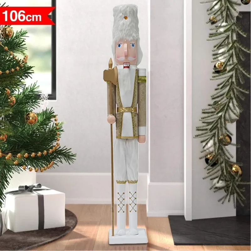 Soldato Schiaccianoci di Natale in Legno 106 cm Decorazioni Addobbo Bianco e Oro Direttamente Dal Produttore