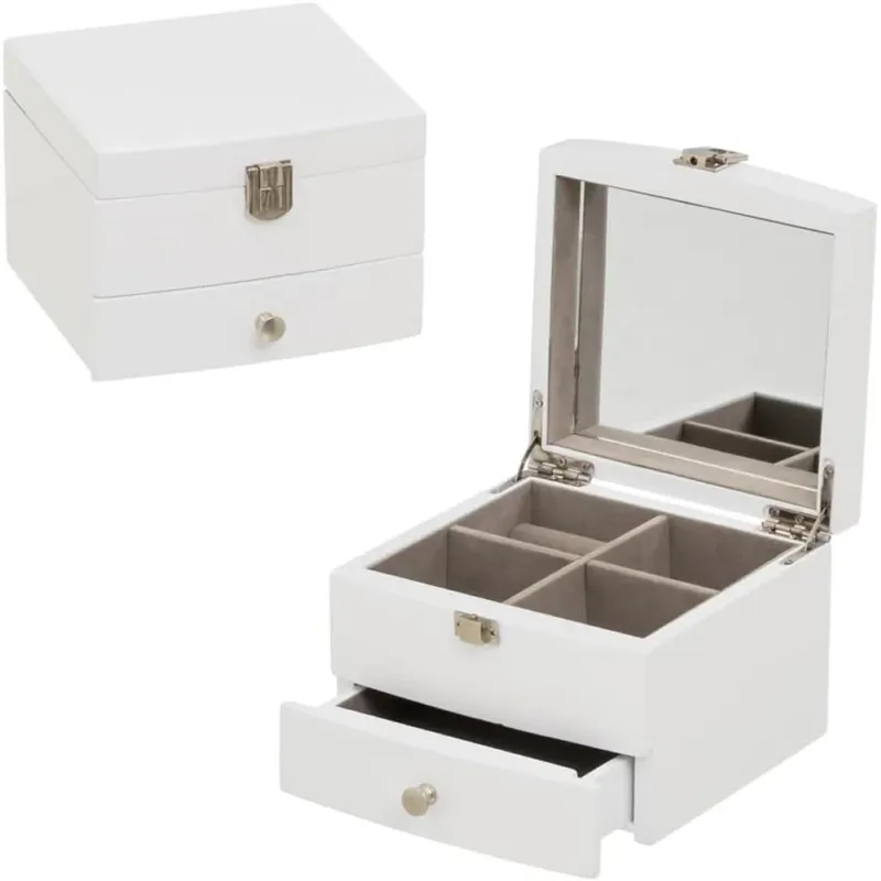 Acquista Ora Portagioie con Specchio e 1 Cassetto in MDF Bianco Porta Gioie Foderato