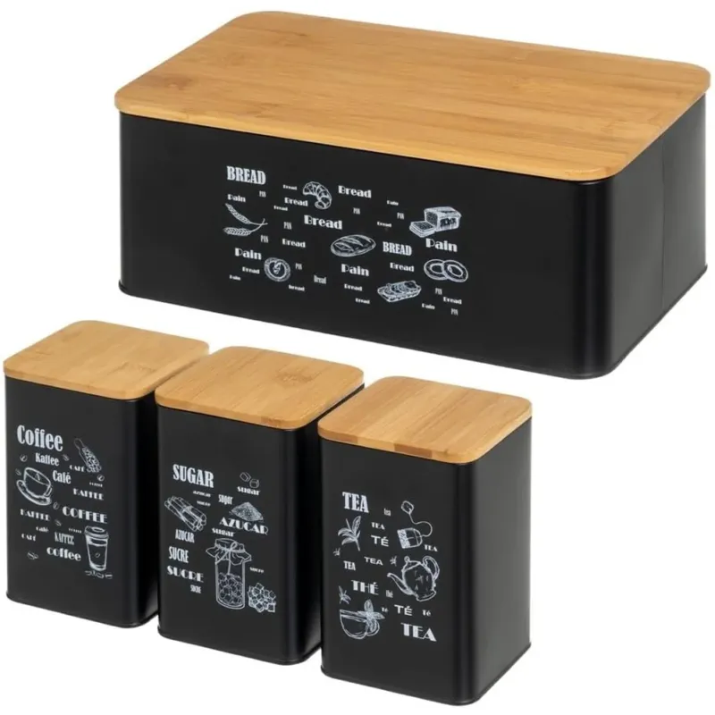 Set 3 Barattoli in Metallo Nero Coperchi in Bambù Contenitori Porta Pane Acciaio Acquista Ora