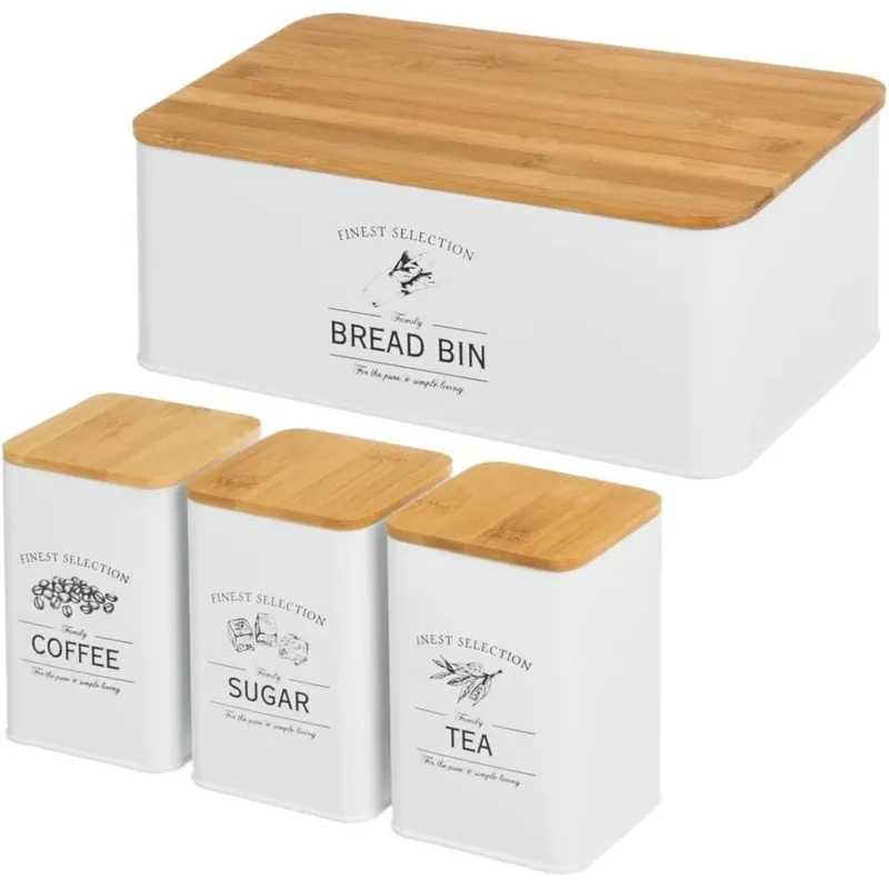 Set 3 Barattoli in Metallo Bianco Coperchi Bambù Contenitori Porta Pane Acciaio Ultime Pezzi