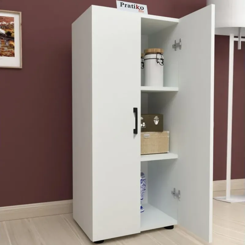 Mobile Multiuso con 2 Ante e 3 Ripiani Legno Bianco Maniglie Nere 49x32x108.5cm Nuovo Arrivo