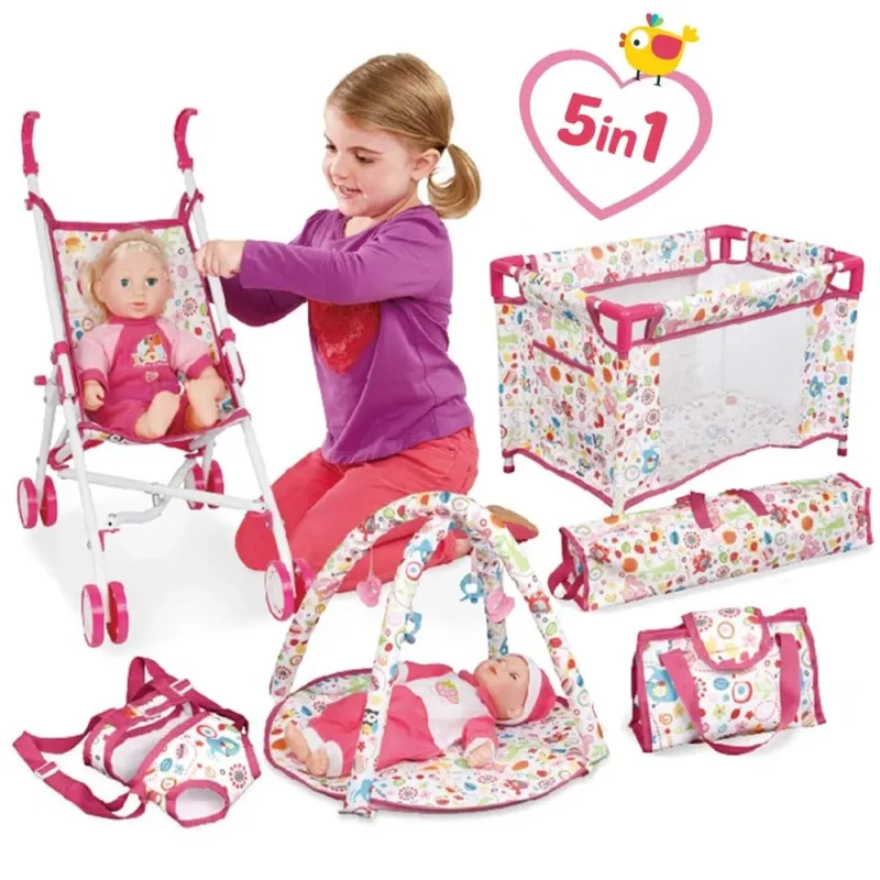 Prezzo Ridotto Playset Bambola 5in1 Con Culla Lettino Carrozzino Palestrina Marsupio Bambolotto