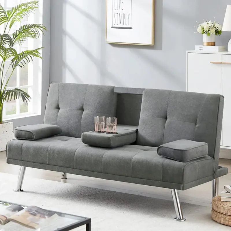 Miglior Prezzo Divano Letto Grigio Chiaro Click Clack Tessuto 3 Posti con Portabicchieri