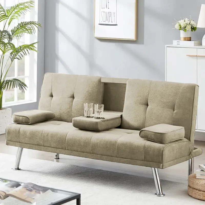 Prezzo Di Fabbrica Divano Letto Beige Click Clack Tessuto 3 Posti con Portabicchieri da Soggiorno