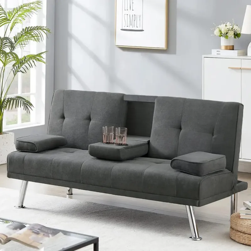 Divano Letto Grigio Click Clack Tessuto 3 Posti con Portabicchieri da Soggiorno Super Prezzo