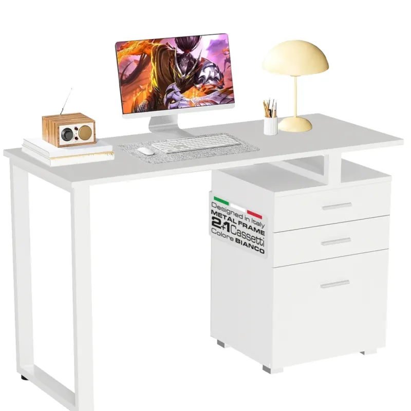 Consegna Rapida Scrivania con Cassettiera Tavolo Porta Pc Computer Acciaio Legno Ufficio Bianco