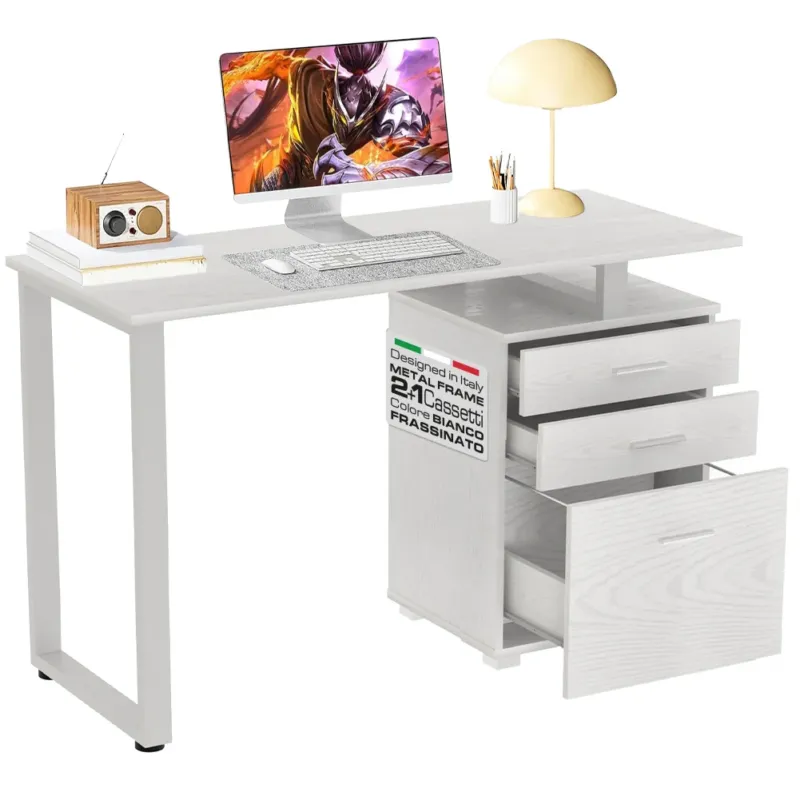 Consegna Rapida Scrivania Cassettiera Tavolo Porta Pc Computer Acciaio Legno Bianco Frassinato