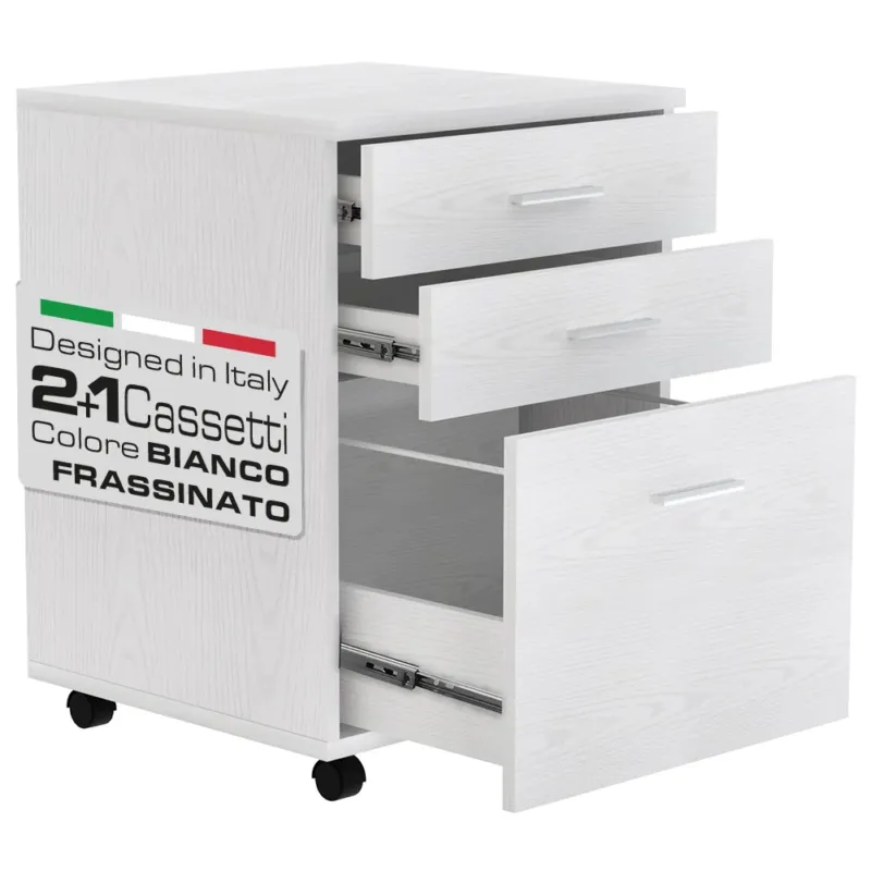 Cassettiera Scrivania Ufficio Mobiletto Stampante 3 Cassetti Bianco Frassinato Promozione
