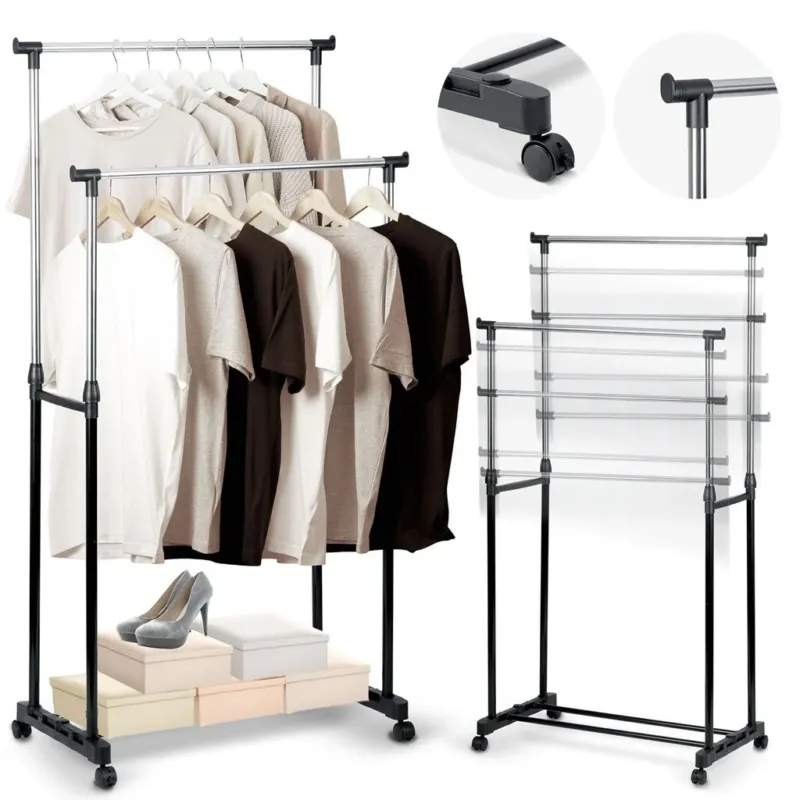 Offerta Lampo Stand Appendiabiti Doppio Allungabile Telescopico con Ruote 42x75x158 cm