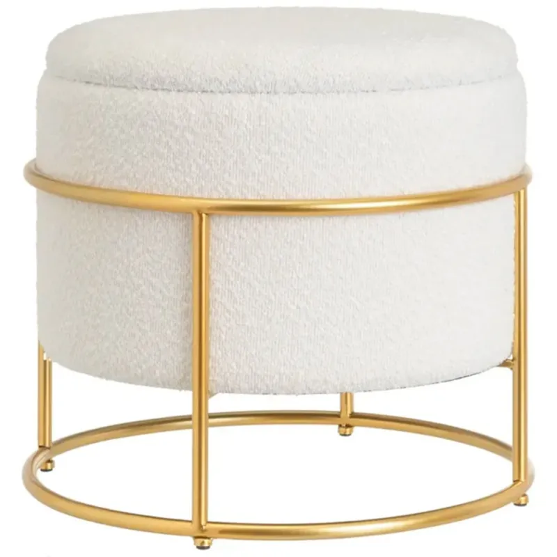 Nuova Collezione Pouf Poggiapiedi Contenitore Rotondo in Metallo Oro e Tessuto Ecru 43x43x40 cm