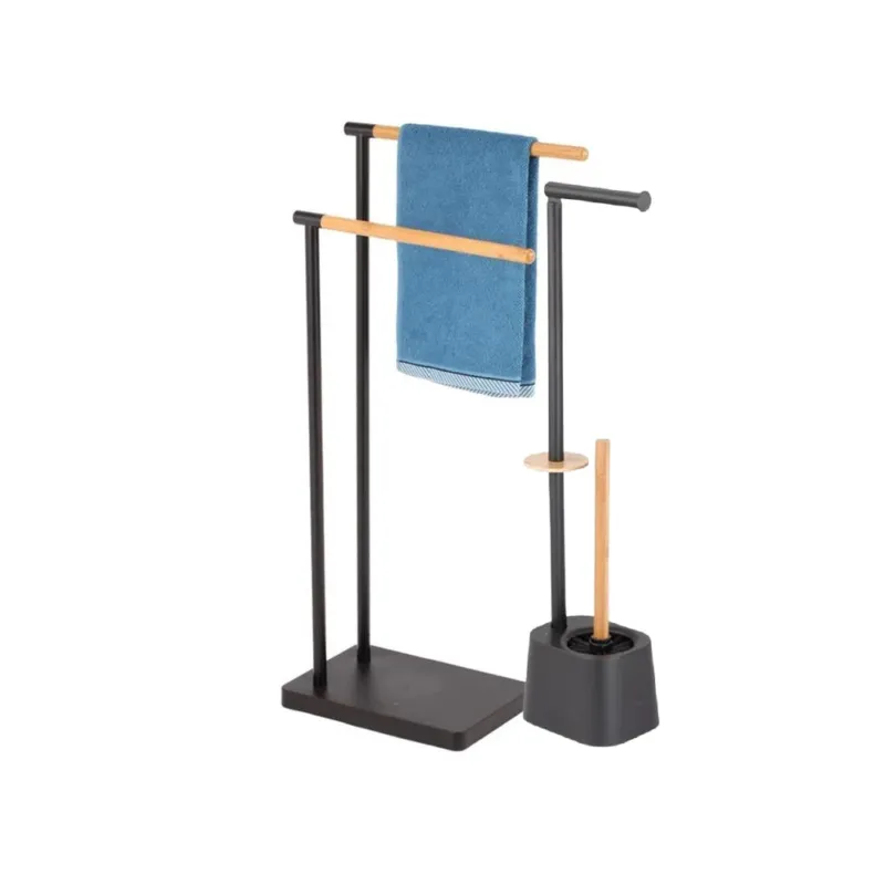 Set Piantana Bagno Doppio Braccio + Piantana Portascopino e Carta Nero e Legno Prezzo Basso