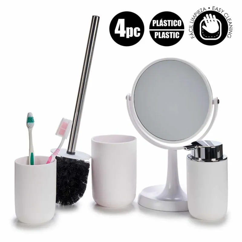 Set Bagno 4pz Acciaio e Polipropilene Specchio Portascopino Dosatore Bicchiere A Buon Prezzo