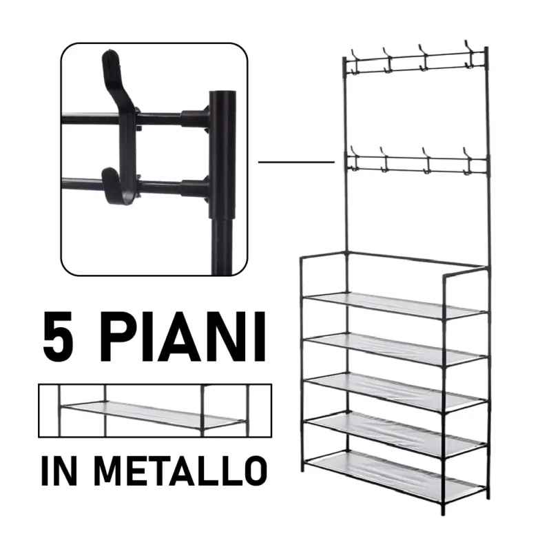 Attaccapanni con Scarpiera 5 Piani in Metallo Appendiabiti 8 Ganci Colore Nero Non Perdere