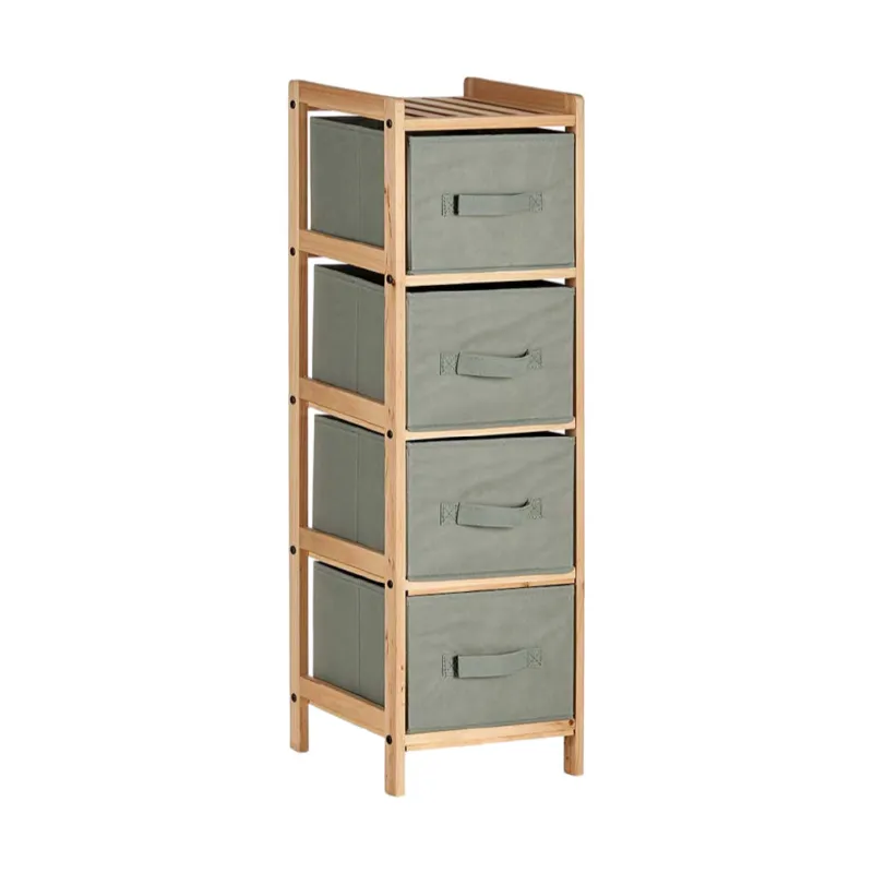 Cassettiera 4 Cassetti Legno Naturale e Stoffa Mobile Colore Grigio H 89cm Esclusivo
