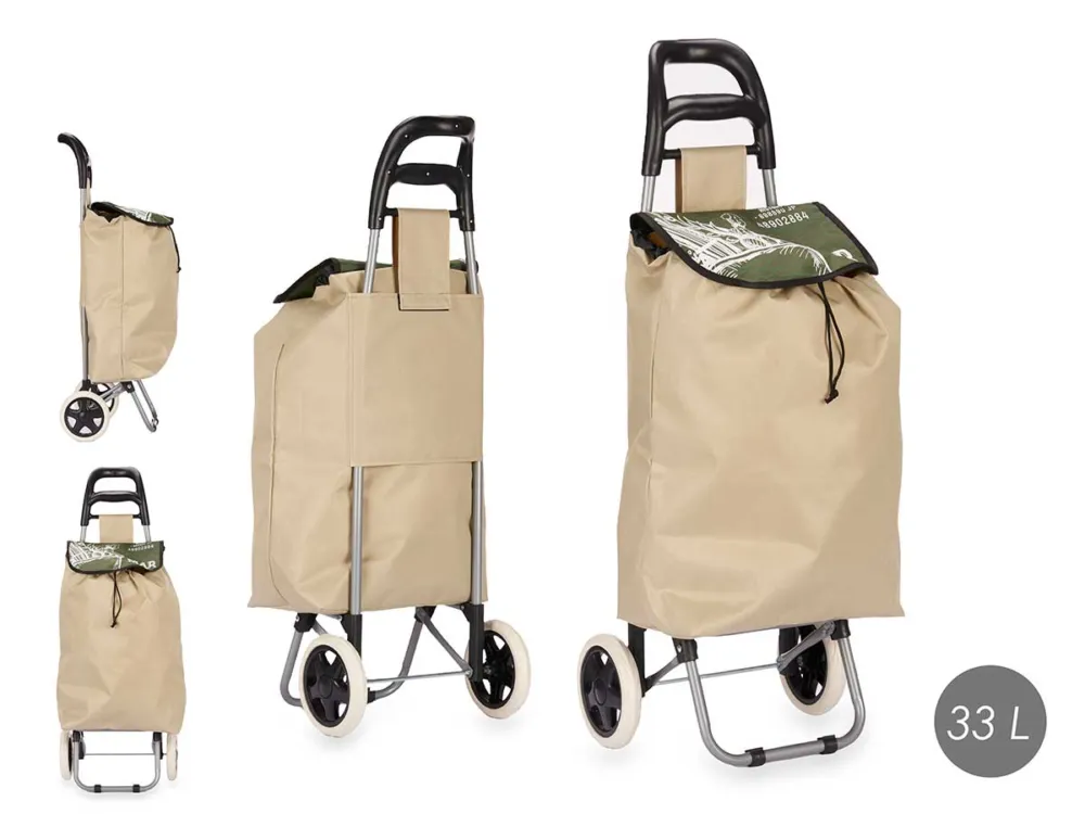 Carrello Portaspesa Metallo Zincato con Maniglia e 2 Ruote Borsa 33L Beige/Verde Ultimissimo Modello