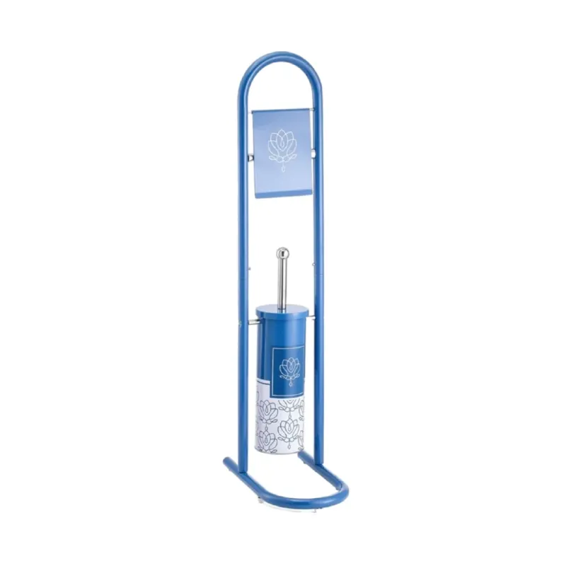 Piantana Portarotolo con Portascopino Colonna da Bagno in Metallo Colore Azzurro Scelto Dai Clienti