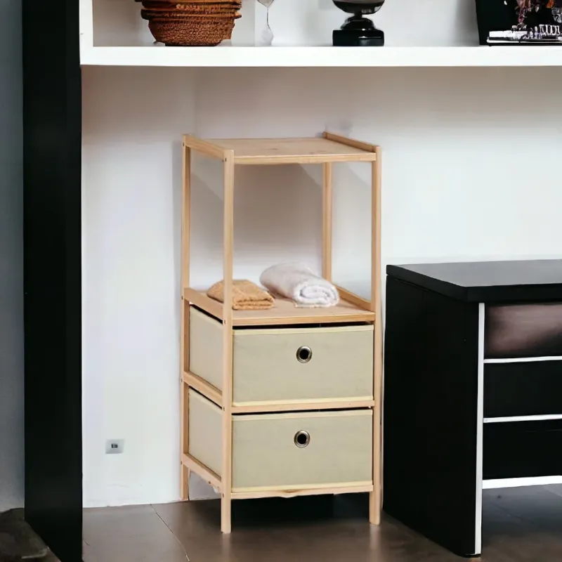 Offerta Speciale Scaffale con 2 Cassetti in Legno e Tela Mobile Bagno 32x26x72,5cm Colore Beige
