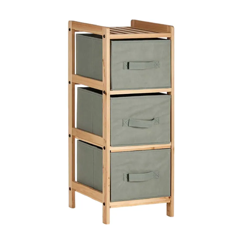 Cassettiera 3 Cassetti Mobile in Legno Naturale e Stoffa H 70cm Grigio Prezzo Conveniente