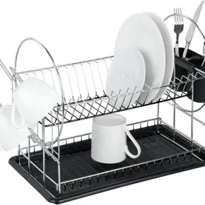 Saldi Scolapiatti 2 Ripiani Con Vassoio e Portaposate 51x24x36cm Cromato e Nero