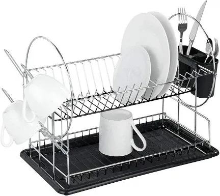 Saldi Scolapiatti 2 Ripiani Con Vassoio e Portaposate 51x24x36cm Cromato e Nero