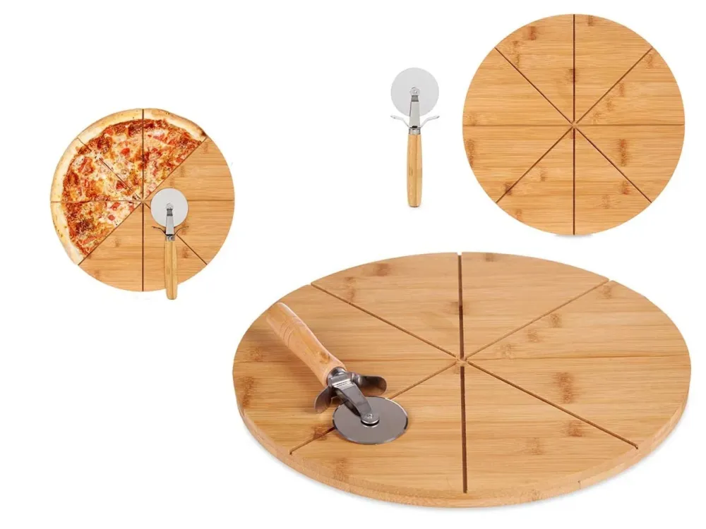 Compra Adesso Tagliere Pizza Bambù 35cm con Rotella Ecologico e Robusto (8 Spicchi)