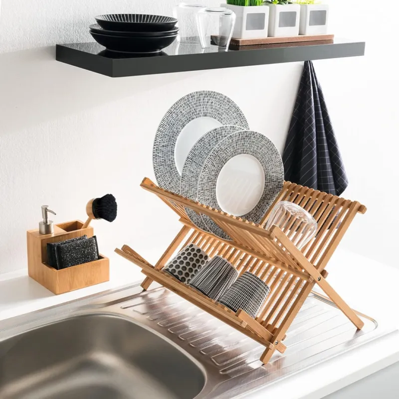 Scolapiatti Pieghevole in Legno Bambù Colore Naturale Salvaspazio Moderno Promozione Esclusiva