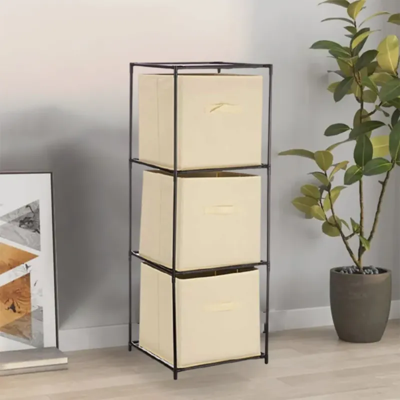 Offerta Speciale Cassettiera Multiuso 3 Cassetti Metallo e Stoffa 35x35x102cm Beige Salvaspazio