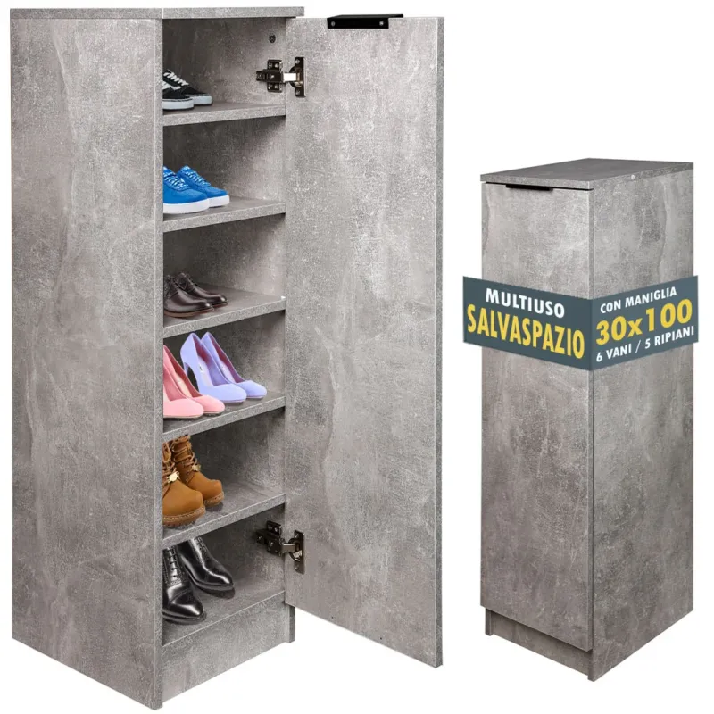 Promo Stagionale Scarpiera Mobiletto Multiuso in Legno Cemento Mobile Porta Scarpe 30x35x100 cm