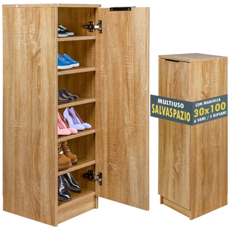 Scarpiera Mobiletto Multiuso in Legno Quercia Mobile Porta Scarpe 30x35x100 cm Saldi