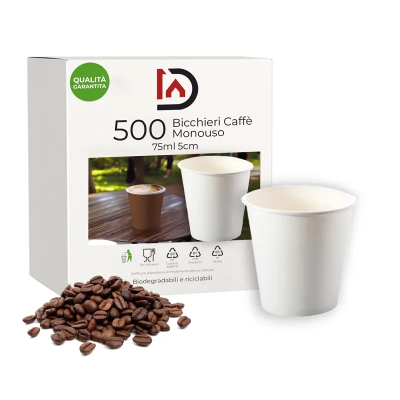 Reso Gratuito Bicchieri Caffe in Carta 75ml H5cm Maxi Scorta 500pz 100% Biodegradabili Bianco