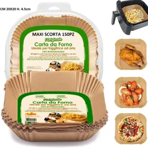Carta Forno per Friggitrice ad Aria Maxi Scorta 150pz 20x20 H4,5cm Biodegradabil Soddisfatti O Rimborsati