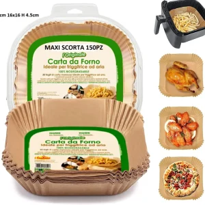 Carta Forno per Friggitrice ad Aria Maxi Scorta 150pz 16x16 H4,5cm Biodegradabil Nuova Collezione