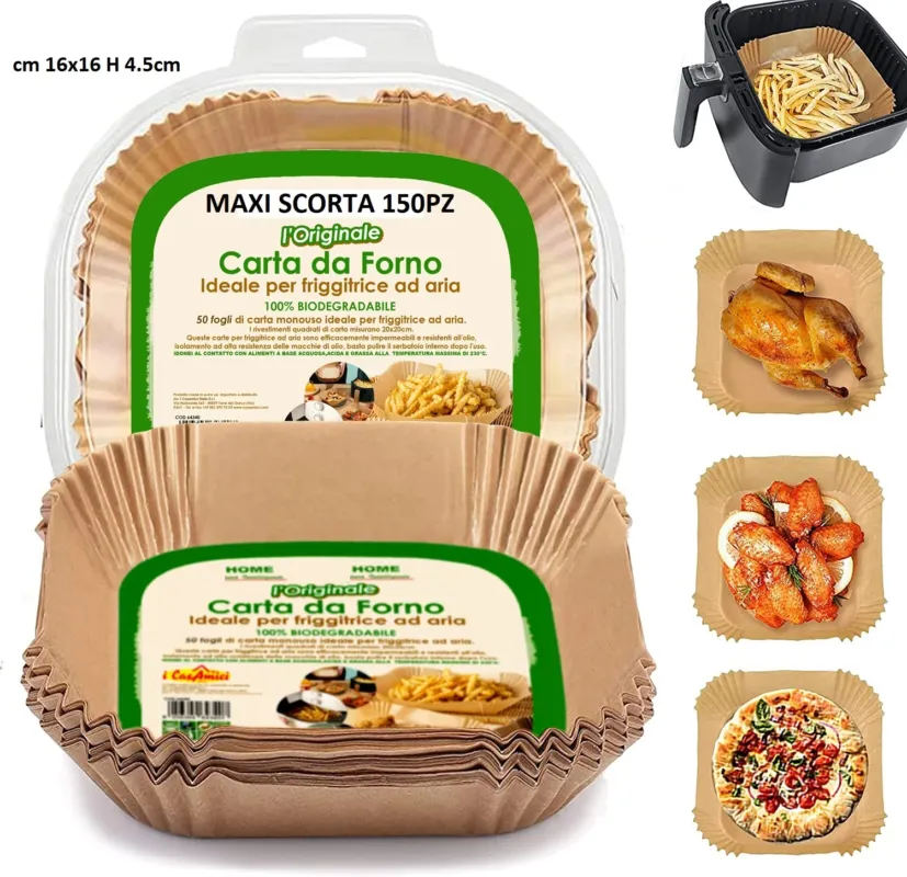 Carta Forno per Friggitrice ad Aria Maxi Scorta 150pz 16x16 H4,5cm Biodegradabil Nuova Collezione