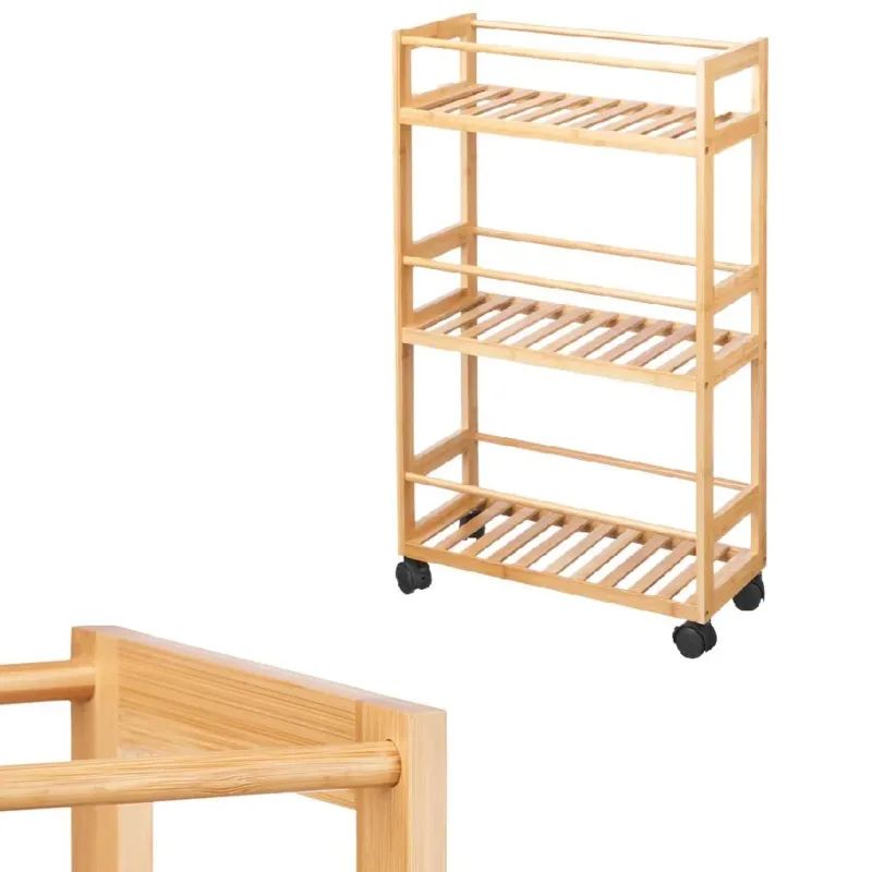 Carrello Cucina Legno Bambù 20x44.5 H75cm Slim 4Ruote Legno Naturale Salvaspazio Direttamente Dal Produttore