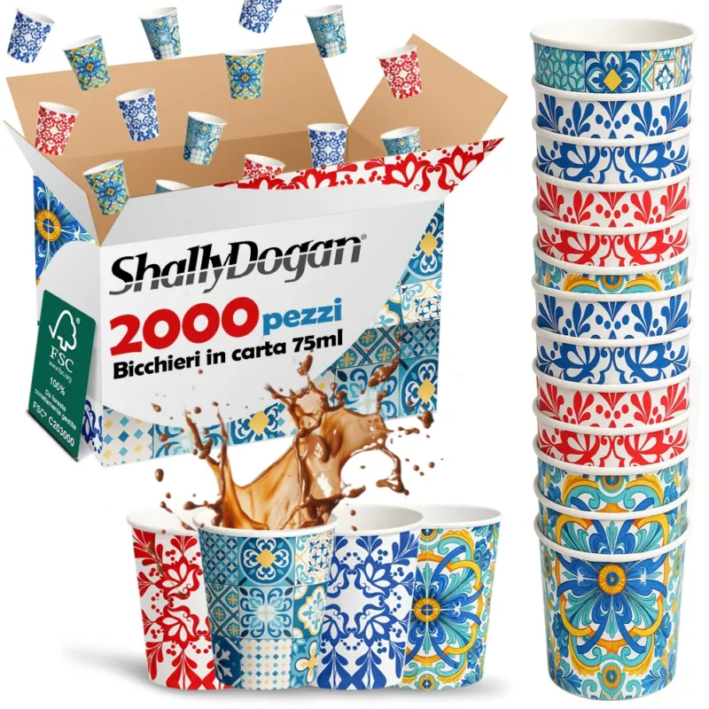 2000 Bicchierini da Caffè Monouso Decoro Maiolica Bicchieri 75ml Usa e Getta Occasione Imperdibile