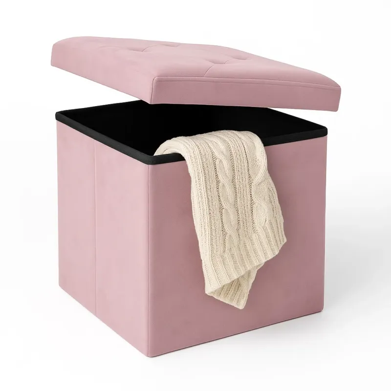 Pouf Pieghevole in Velluto Rosa 38x38x38 cm Salvaspazio con Coperchio Design Moderno Miglior Prezzo