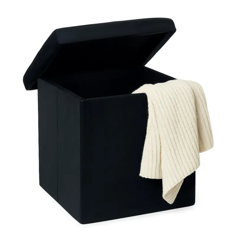 Popolare Pouf Pieghevole in Velluto Nero 38x38x38 cm Salvaspazio con Coperchio Design Moderno