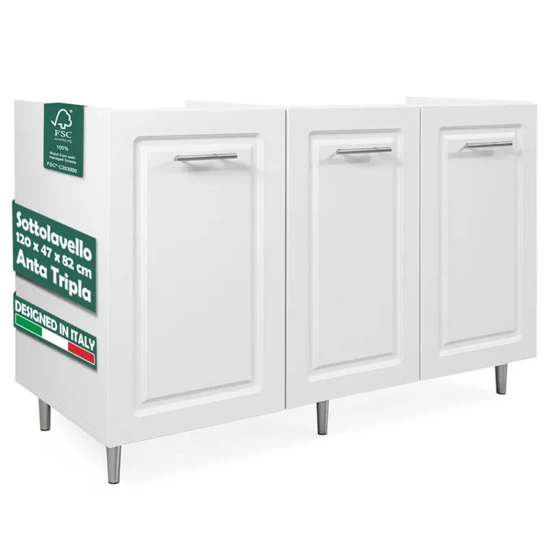 Mobile Sottolavello Cucina Componibile in Legno Boiserie Colore Bianco 3 Ante Nuova Collezione