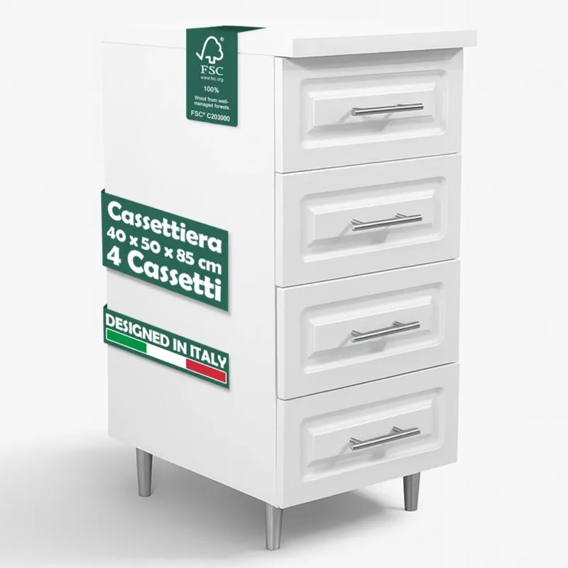 Cassettiera per Cucina Mobile Design Boiserie 4 Cassetti in Legno Colore Bianco Prezzo Di Fabbrica