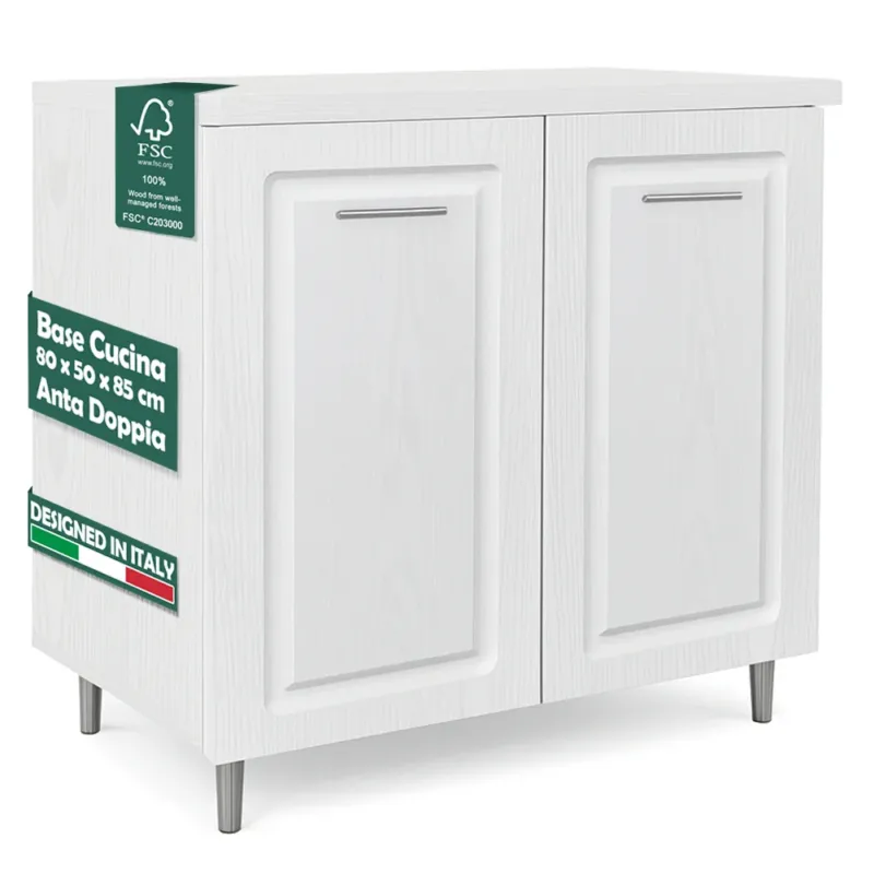 Mobile Base per Cucina Componibile Legno Boiserie Bianco Frassinato con 2 Ante Must-Have