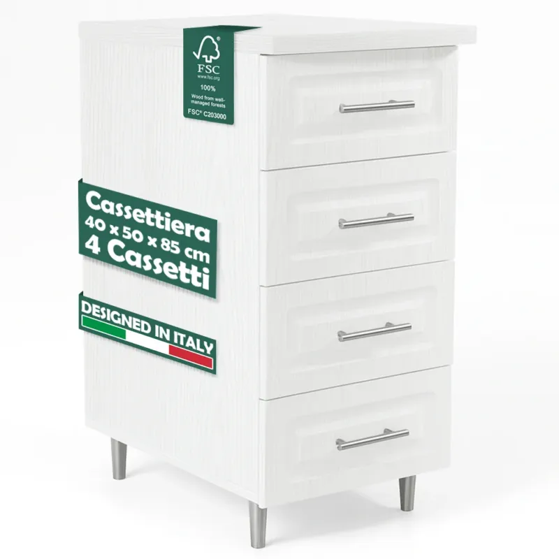Prezzo Conveniente Cassettiera per Cucina Mobile Design Boiserie 4 Cassetti Legno Bianco Frassinato