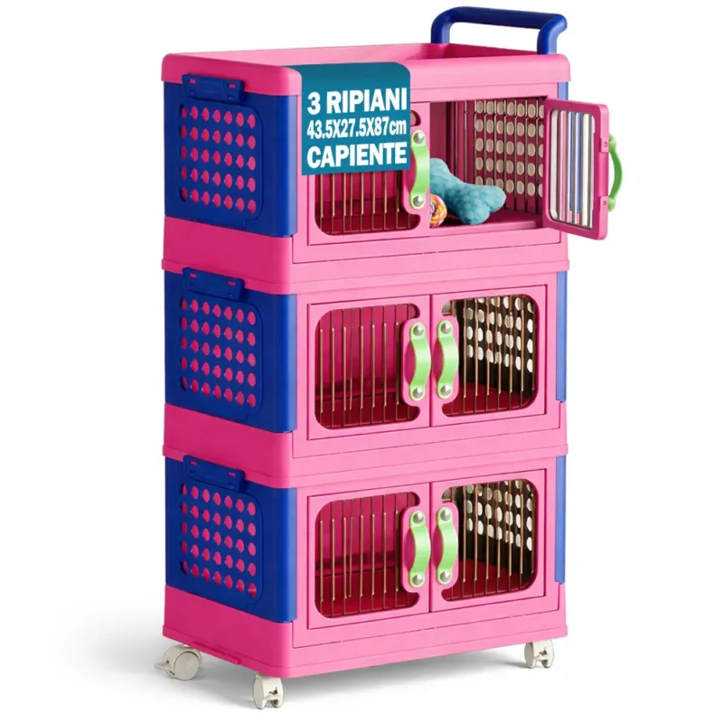 Carrello Portagiochi 3 Livelli Impilabili Contenitore Organizer Apribile e Ruote Esclusivo
