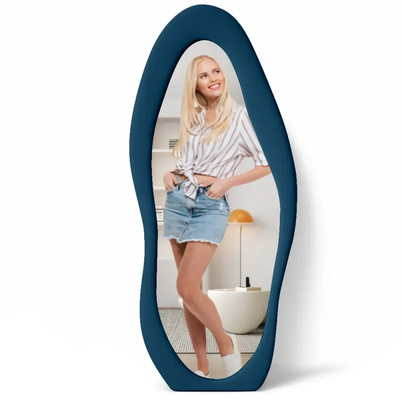 Occasione Specchio Grande Ondulato con Cornice Rivestimento in Velluto Blu 60 x 160 cm