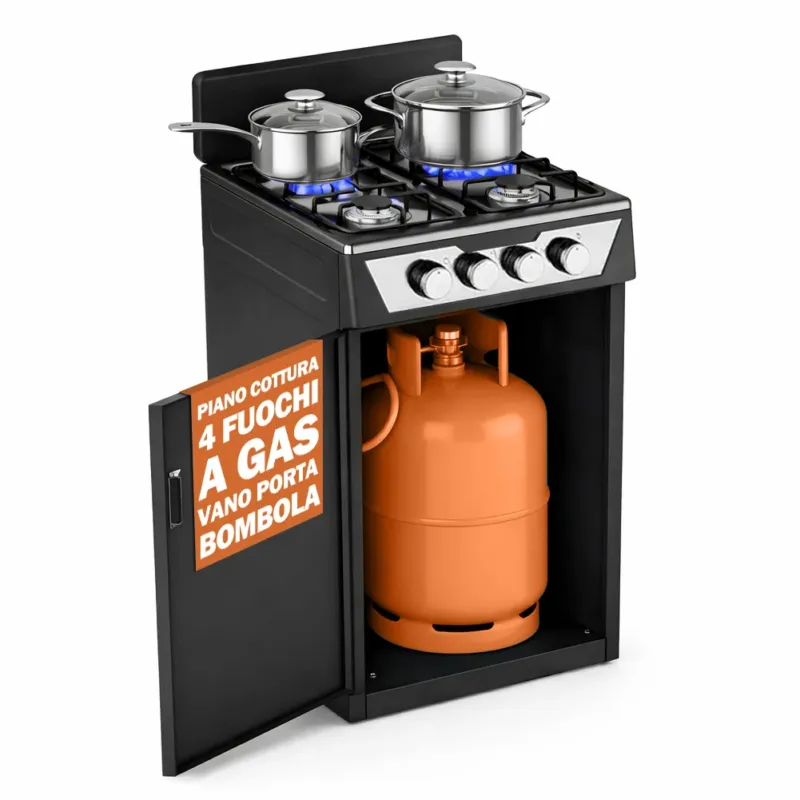 Offerta Cucina con Piano Cottura 4 Fuochi Gas da Esterni Nero Paravento e Portabombola