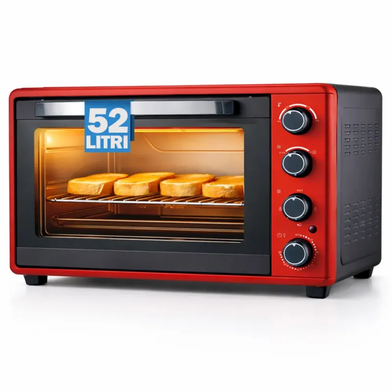 Forno Elettrico Ventilato 52L Rosso 2000W con Teglia e Griglia 4 Livelli Cottura Scelto Dai Clienti