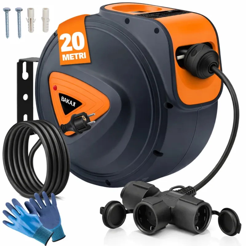 Economico Avvolgicavo Elettrico 20 Metri Rotante a 180° con Multipresa a 3 Teste e Guanti