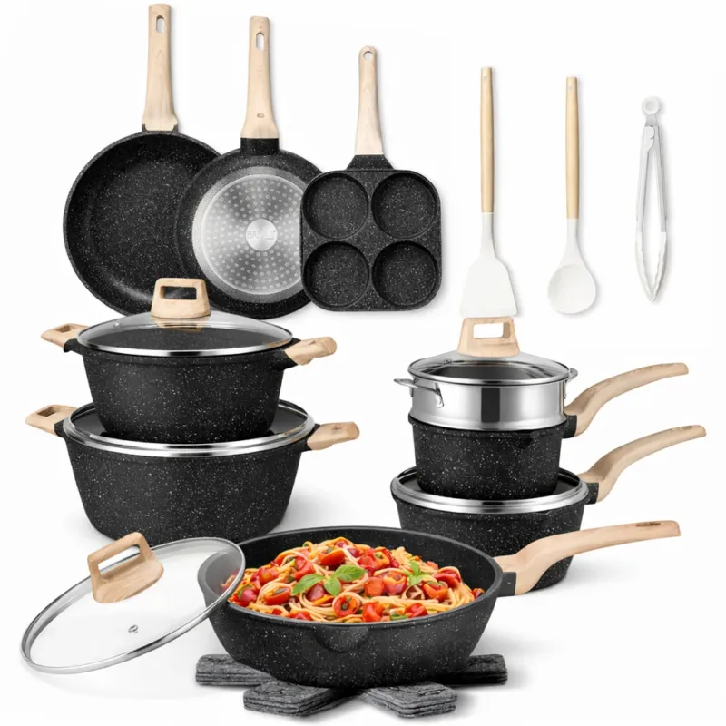 Super Prezzo Batteria Pentole e Padelle 21 Pezzi Nero in Alluminio Pressofuso Antiaderente