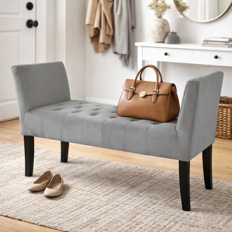 Panca Grigio con Piedi in Legno e Rivestimento Velluto Camera da Letto Ingresso Reso Gratuito