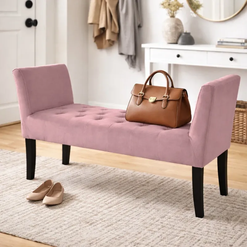 Panca Rosa con Piedi in Legno e Rivestimento Velluto Camera da Letto Ingresso Prezzo Basso